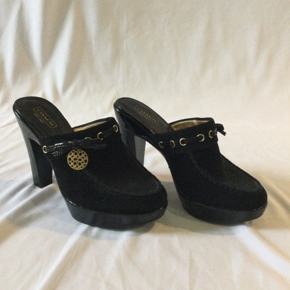 Coach Black Suede Platform Mule Heels with Gold Accent